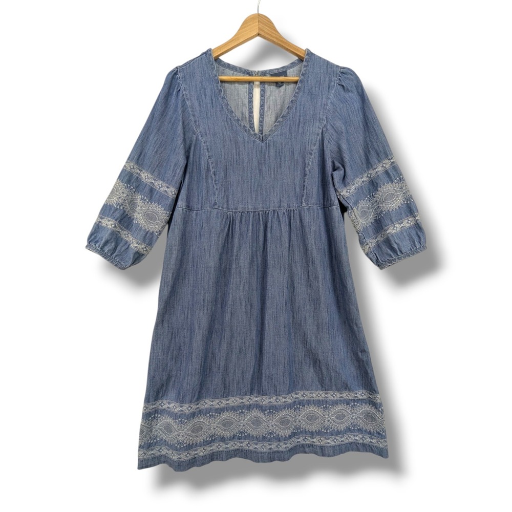 J. Jill Denim Blue Embroidered Cotton V-Neck Shift Dress with Pockets Small